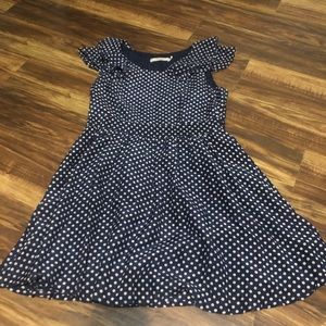 Blue dress with white and red polka dots